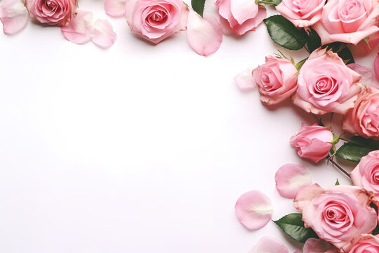 Close up of blooming pink roses flowers and petals isolated on white table background. Floral frame composition. Decorative web banner. Empty space, flat lay, top view