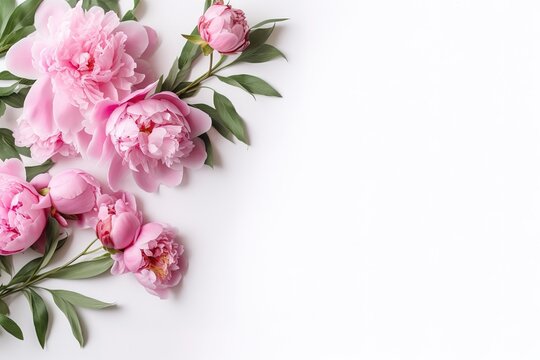 Floral Frame Composition. Close Up Of Blooming Pink Roses Flowers And Petals Isolated On White Table Background. Decorative Web Banner. Styled Stock Photo. Empty Space, Flat Lay, Top View