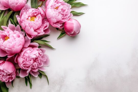 Close up of blooming pink roses flowers and petals isolated on white table background. Floral frame composition. Decorative web banner. Styled stock photo. Empty space, flat lay, top view