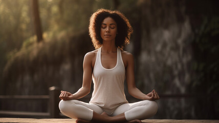 Fototapeta na wymiar Woman Meditating, Practicing Yoga in Lotus pose outdoors, Healthy lifestyle, self care, mindfulness concept. generative ai