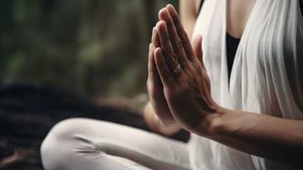 Woman Meditating, Practicing Yoga in Lotus pose outdoors Hands close up, Healthy lifestyle, self care, mindfulness concept. generative ai