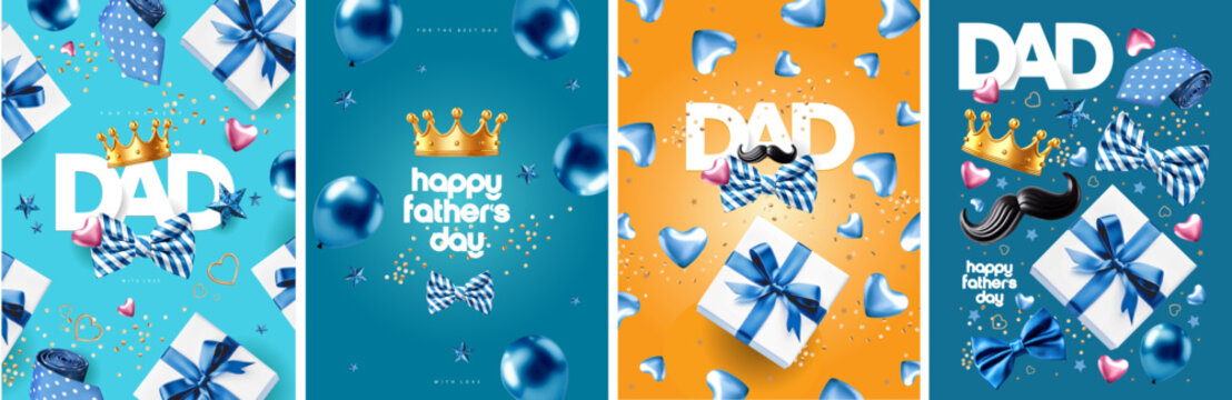 Happy Father's Day! Vector cute 3d illustration of dad lettering, men's gift with ribbon, pattern, ballons, golden crown, blue heart and bow tie for poster, background or greeting card