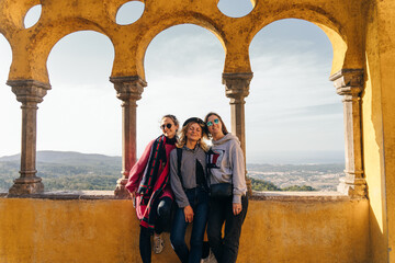 tourists in Pena Palace in Sintra, Lisbon, Portugal - dec, 2021. Famous landmark. Most beautiful...