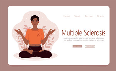 Meditation concept web template. An elderly woman meditates in nature. The practice of meditation can help reduce the symptoms of multiple sclerosis.