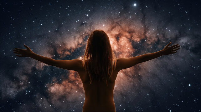 Woman holding the galaxy, magical fantasy, beautiful girl in the night with glowing starry night, on an abstract Milki Way galaxy background, generative ai 