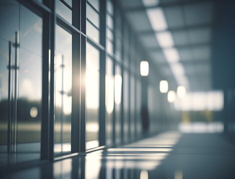 Business building blur background office lobby hall interior empty indoor room with blurry light from glass wall window - generative ai
