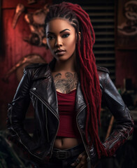 Beautiful African American woman in Leather Jacket, Biker look, Generative AI