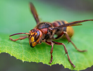Fototapeta premium Macro en face low angel view of giant hornet (Vespa crabro), horizontal