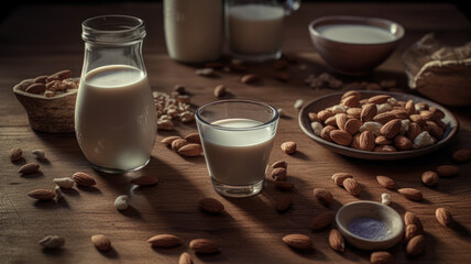 Obraz na płótnie Canvas Non dairy milk, almond milk and nuts. Top view at stone table. Generative AI