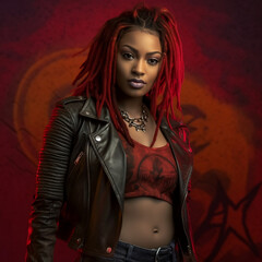 Beautiful African American woman in Leather Jacket, Biker look, Generative AI