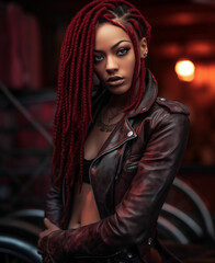 Beautiful African American woman in Leather Jacket, Biker look, Generative AI