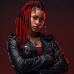 Beautiful African American woman in Leather Jacket, Biker look, Generative AI