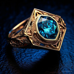 A Lord of the Rings blue-tone gold diamond ring, forged in the fires of Mount Doom. Generated by AI and created by human.