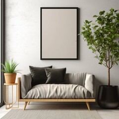 Mock up Poster with minimal decor close up in home interior background,Scandi boho style interior background, coastal boho style interior,modern beige home interior, living room interior, 3D render