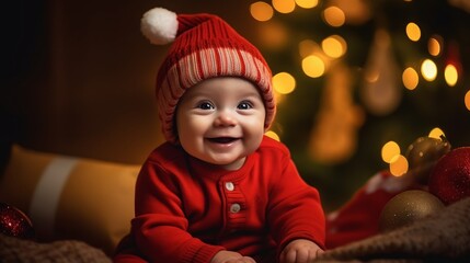 cute baby wearing Christmas clothes or santa clothes with christmas tree in the background ai, ai generative, illustration