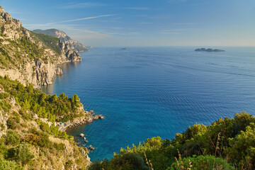 Rocky Cliffs and Mountain Landscape by the Tyrrhenian Sea. Amalfi Coast, Italy.