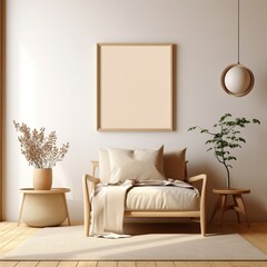 Mock up Poster with minimal decor close up in home interior background,Scandi boho style interior background, coastal boho style interior,modern beige home interior, living room interior, 3D render