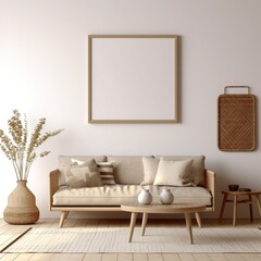 Mock up Poster with minimal decor close up in home interior background,Scandi boho style interior background, coastal boho style interior,modern beige home interior, living room interior, 3D render