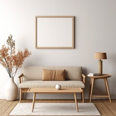 Mock up Poster with minimal decor close up in home interior background,Scandi boho style interior background, coastal boho style interior,modern beige home interior, living room interior, 3D render