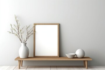 Mock up Poster with minimal decor close up in home interior background,Scandi boho style interior background, coastal boho style interior,modern beige home interior, living room interior, 3D render