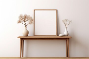 Mock up Poster with minimal decor close up in home interior background,Scandi boho style interior background, coastal boho style interior,modern beige home interior, living room interior, 3D render