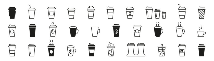 Coffee cup icon set. Linear and silhouette style. Vector illustration.