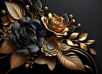 3d wallpaper with golden and black roses on a black background 