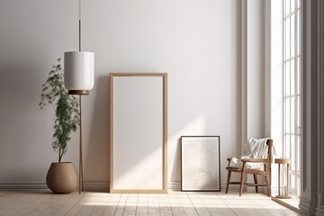  Elegant Sleek Vertical Frame Mockup on Minimalist White Wall: Open Canvas for Product Showcases, Artwork Displays, or Customized Messages generative AI