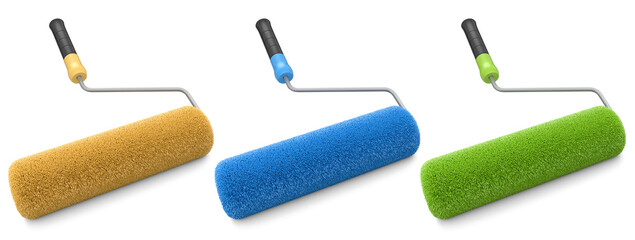Set of paint roller for painting walls and renovating apartment on white