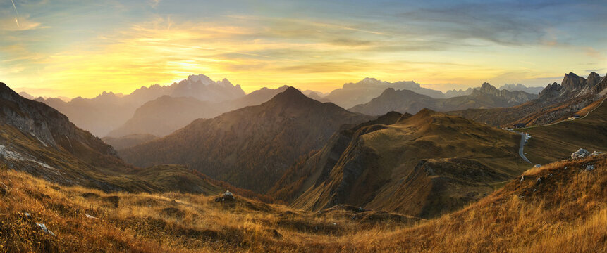 View of Giau Pass after the sunset in the Dolomites, the province of Belluno, Italy.