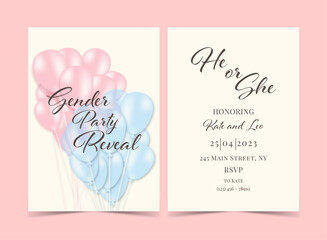 Invitation for gender reveal party with pink and blue balloons. Vector flat illustration for card, , design, flyer, poster, decor, banner, web, advertising.