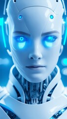 Porcelain white humanoid cyborg with blue glowing eyes. Android. AI - artificial intelligence concept. generative ai. Portrait of a futuristic android