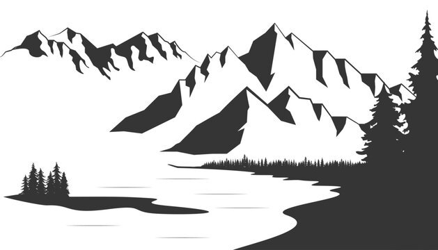 Mountain with pine trees and lake landscape. Slhouette illustration converted to vector.
