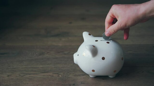 Hand is putting a coin in piggy bank. Saving money for future, retirement fund, Currency, Savings
