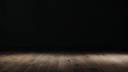 Empty light dark wall with beautiful chiaroscuro and wooden floor. Minimalist background for product presentation, mock up, generative ai