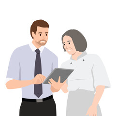 man and woman discussing work. Young man manager talking to an old chef woman wearing while holding tablet smartphone on his hand