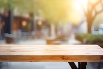 Creative mock concept. Empty wooden table top with coffee shop view of spring time blurred background. Template for product presentation display. 3D rendering
