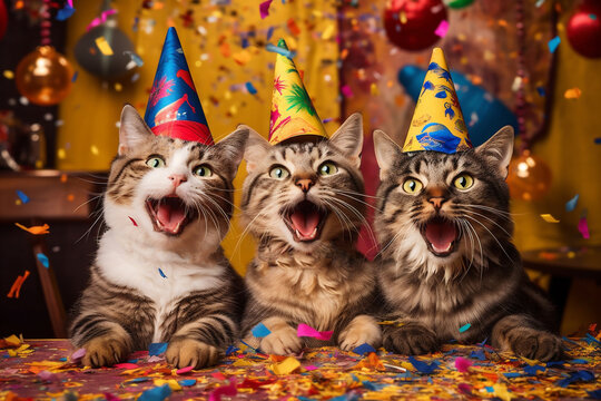 3 fr&ouml;hliche Katzen mit Partyh&uuml;ten in Partystimmung. Generative Ai.