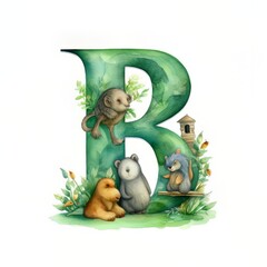 watercolor letter B with cute animals with Generative AI technology