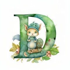 watercolor letter D with cute animals with Generative AI technology