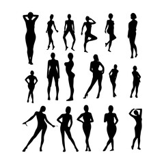 Vector illustration. Black silhouette of girls in different poses. Big set.