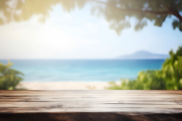 Fototapeta premium Creative mock concept. Empty wooden table top with view of tropical beach of spring summer time blurred background. Template for product presentation display. 