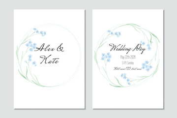 Vector wedding invitation template with wreath of blue watercolor forget-me-nots