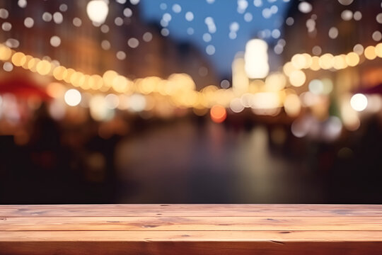 Creative mock concept. Empty wooden table top with view of christmas market at xmas time blurred bokeh lights background. Template for product presentation display. 3D rendering