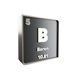 boron chemical element black and metal icon with atomic mass and atomic number. 3d render illustration.
