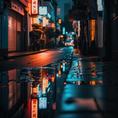 Captivating Night Scene: Neon-Lit Japanese Street with Glistening Wet Pavement