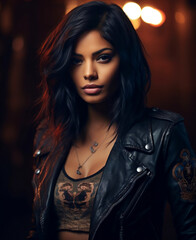 Portrait of Beautiful Indian Woman with Tattoos in Leather Jacket Photo Wallpaper, hyper realistic, shallow depth of field, cinematic, Generative AI
