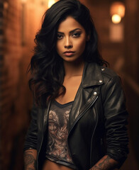 Portrait of Beautiful Indian Woman with Tattoos in Leather Jacket Photo Wallpaper, hyper realistic, shallow depth of field, cinematic, Generative AI