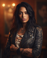 Portrait of Beautiful Indian Woman with Tattoos in Leather Jacket Photo Wallpaper, hyper realistic, shallow depth of field, cinematic, Generative AI