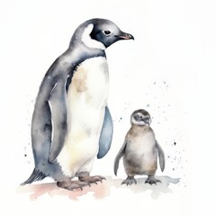 watercolor mother penguin and baby penguin on white with Generative AI technology